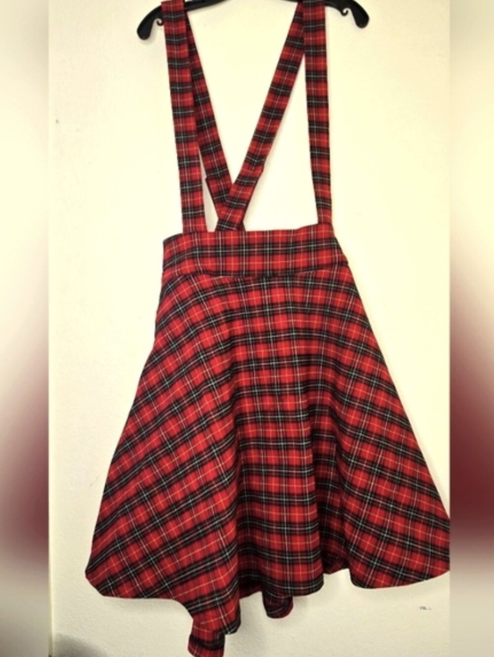 UNIQUE VINTAGE 1960's Style Red Plaid Suspenders Ruth Flare Skirt - Picture 11 of 14